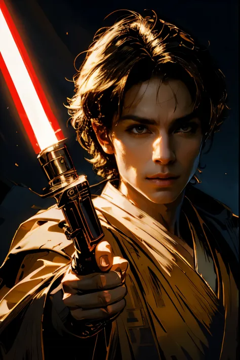 "(best quality,highres),sexy male jedi knight,beautiful detailed eyes,long eyelashes light tan robe, holding a red lightsaber, p...