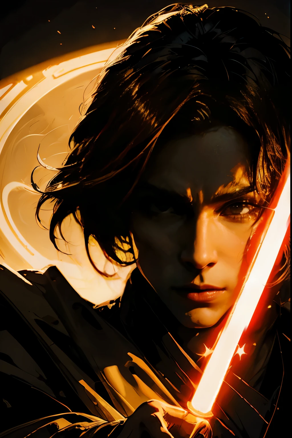 "(best quality,highres),sexy male jedi knight,beautiful detailed eyes,long eyelashes light tan robe, holding a red lightsaber, portraits,star wars background,vivid colors,studio lighting"