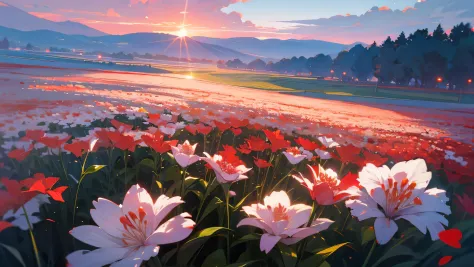 dusk，Sky，universe，flower field，Sea of flowerireworks，summer festival，Natural light，quiet afternoon，red and white flowerlowers，Va...