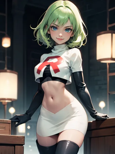 fembyleth, very short hair, light green hair ,glossy lips ,team rocket uniform, red letter r, white skirt,white crop top,black t...