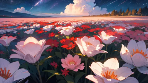 dusk，sky，universe，flower field，sea of flowerireworks，natural light，quiet afternoon，red and white flowerlowers，various flowers，st...