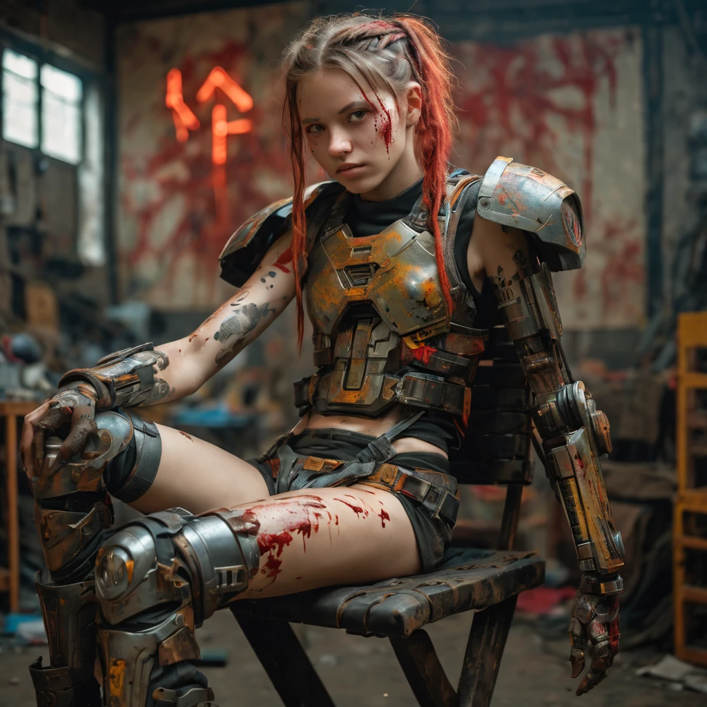 Beautiful hyperrealistic photograph of a perfect likeness of SandraOv4 with Runic tattoos, 13 years old, ((dirty face Blood splattered)), (((wearing full heavy mecha armor, combat harness, Neon highlights))) Short Red Dreadlocks, (((sitting in chair pose))), interior of Military Facility background, Camo netting, Ammo Boxes abstract beauty, near perfection, pure form, Golden Ratio, concept art, By Brian Froud and Carne Griffiths and Wadim Kashin, intricate detail, 8k post-production, High resolution, super Detail, trending on ArtStation, sharp focus, studio photos, intricate detail, Very detailed, By Greg Rutkowski