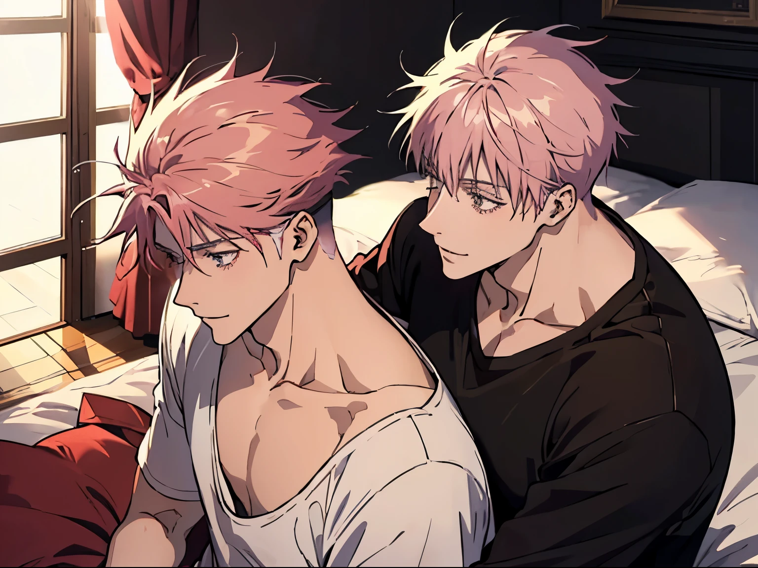 Anime image of two men sitting on a bed with their backs to each other -  SeaArt AI