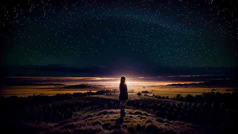 A landscape , with the night sky , open fields, with chill wive , a cute little girl standing