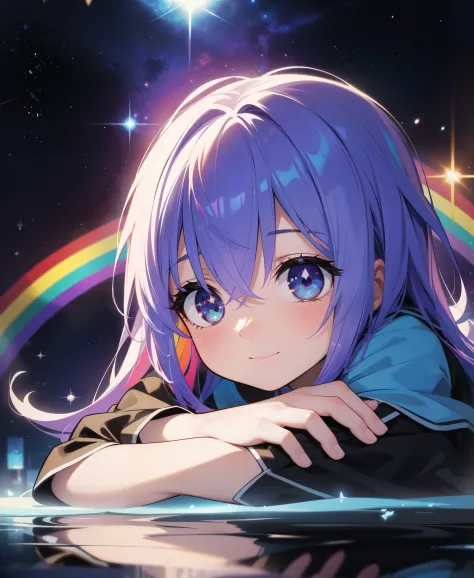 half body illustration of a (beautiful little girl), (cute poses), (rainbow color hair, colorful hair, long hair, galaxy reflect...