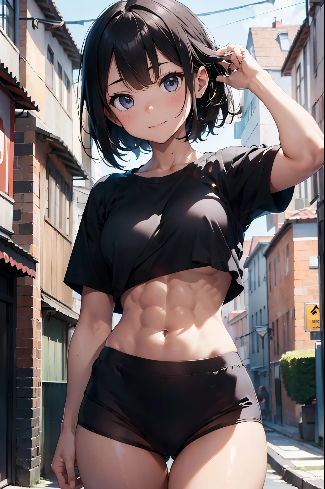 Anime girl in black top and black shorts posing in the street - SeaArt AI