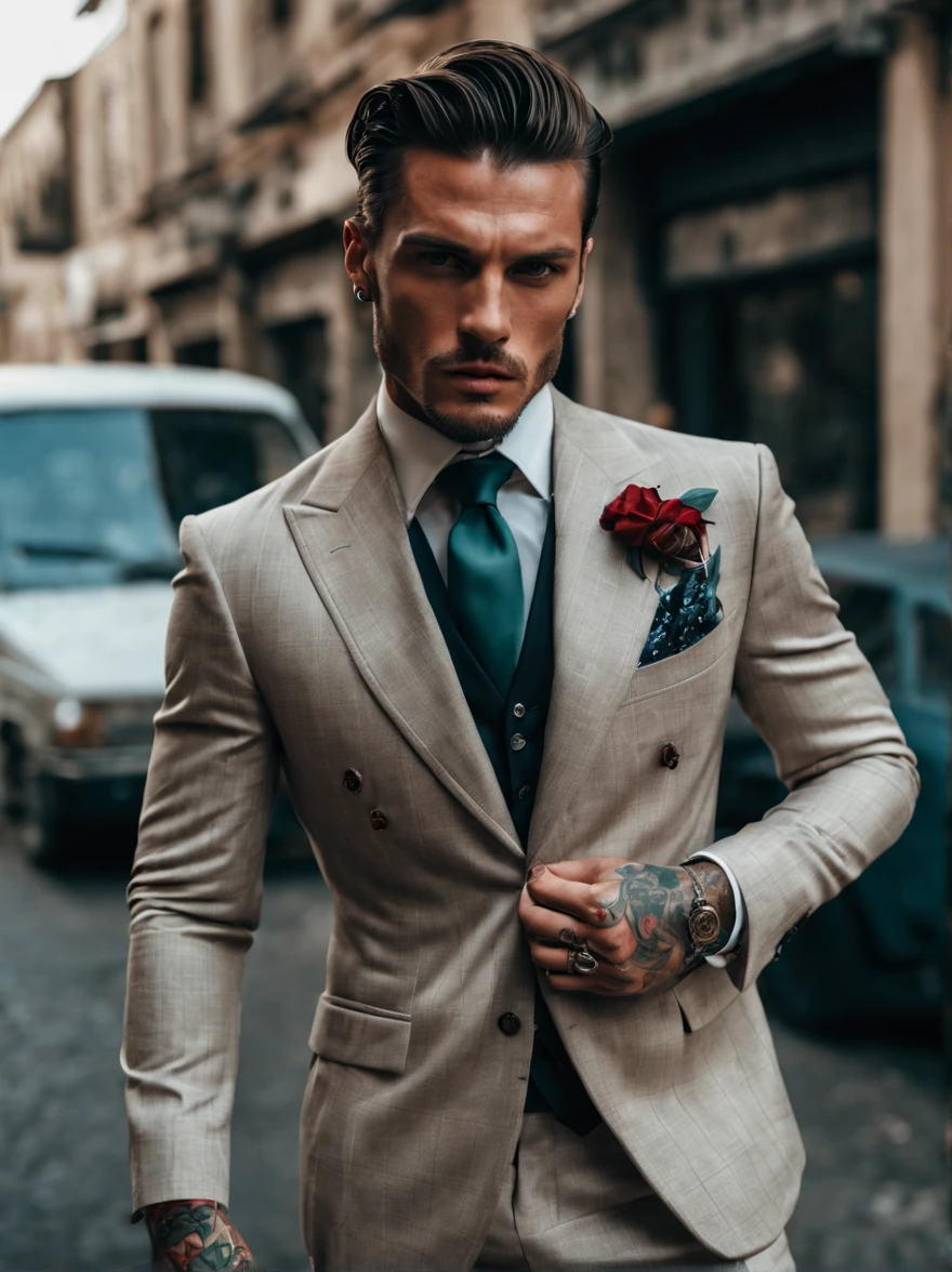 Create an image of a handsome Italian model for hugo boss, Tough, eyed, Savage, violence, ferocious, Intimidating, Wearing a luxurious gucci suit, Tattoos are, (wide angleull body lesbian: 1.3), smokes. Stand in the middle of the street. 80's movie style.