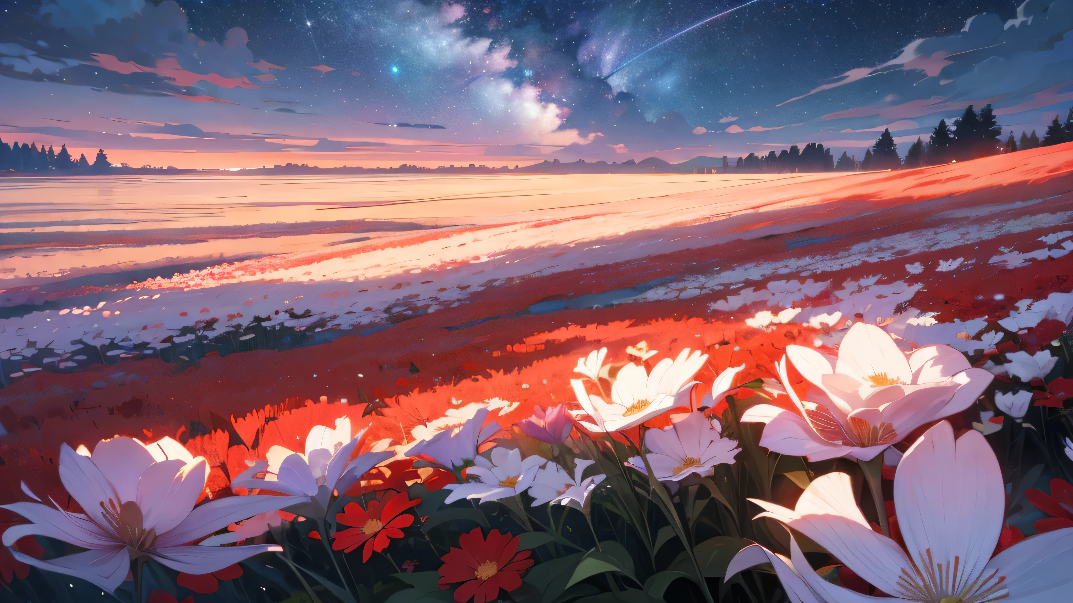 dusk，Sky，universe，flower field，Sea of flowerireworks，Natural light，quiet afternoon，red and white flowerlowers，Various flowers，starry sky ，Sky，clouds 