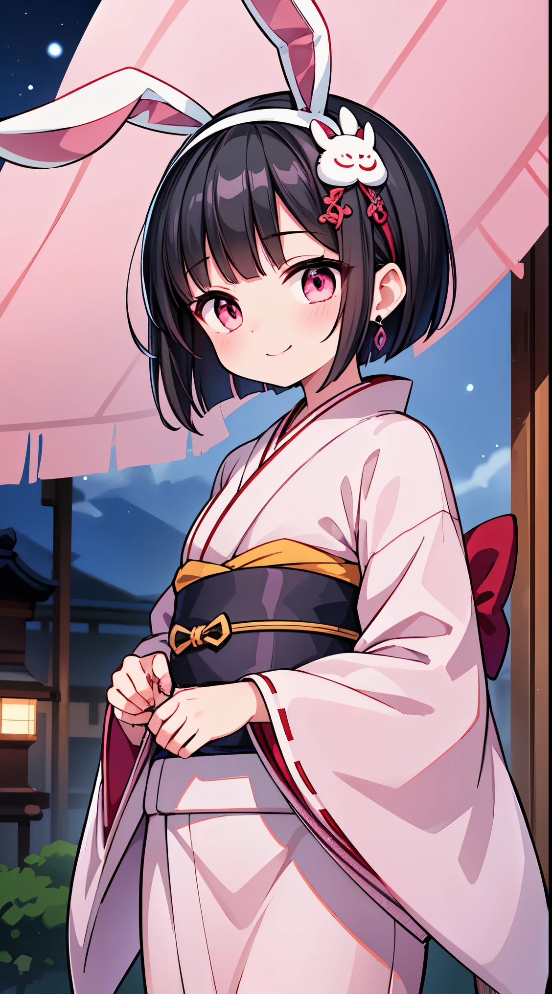 Anime girl in kimono outfit with rabbit ears and a pink umbrella - SeaArt AI