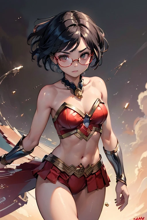 (((RAW, Best quality, high resolution:1.3, Masterpiece: 1.5))), Beautiful glasses malay woman as wonderwoman, Masterpiece, Perfect slim body, Beautiful big eyes, Soft smile, Short poxie cut hair style, Wearing wonderwoman costume. Strong pose, nobody can defeat him.