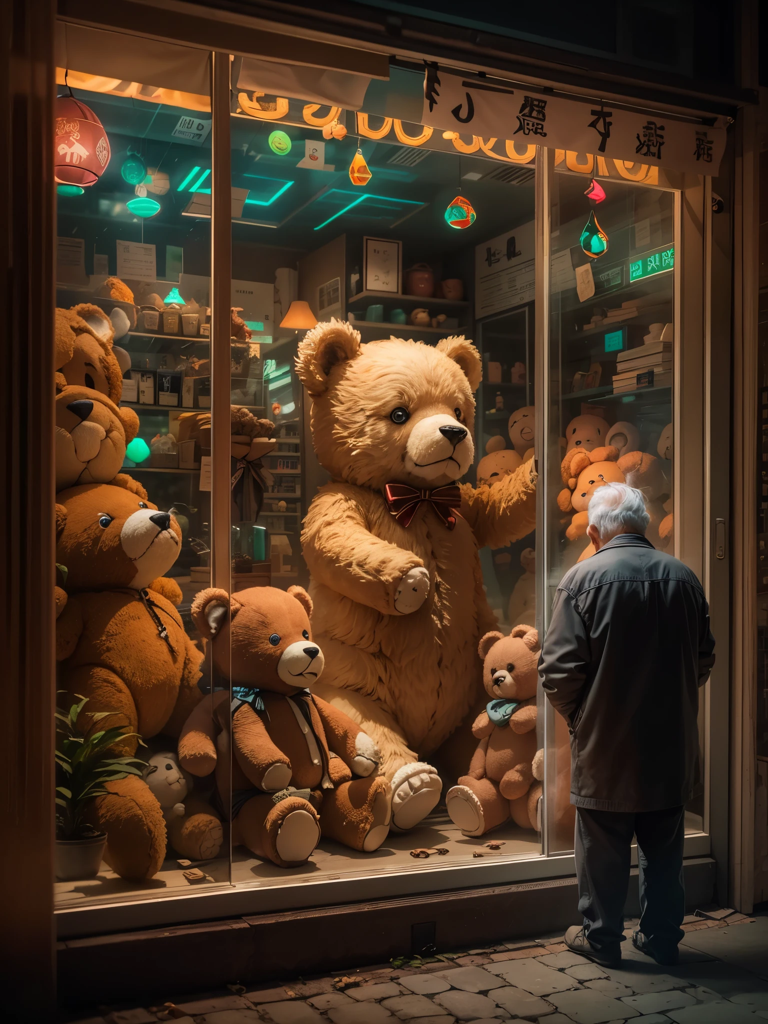 Interesting window display，Creative window display，Display of several exquisite teddy bear dolls。global illumination。particle tracking。neon lights，Colorful。8k ultra high definition 。（The old man looks into the window。old man&#39;s back。）