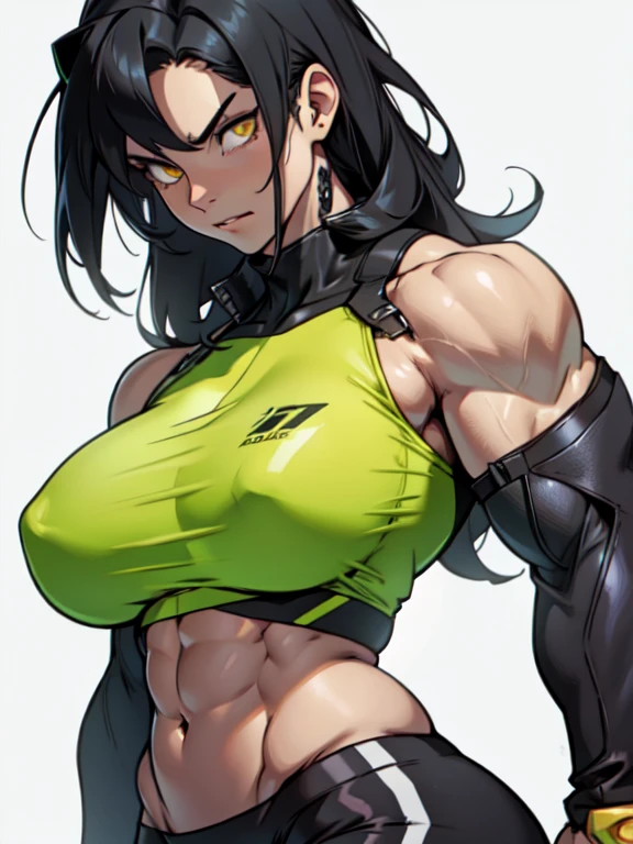 disgust (muscular) breasts huge thighs pale skin black hair yellow eyes  girl - SeaArt AI