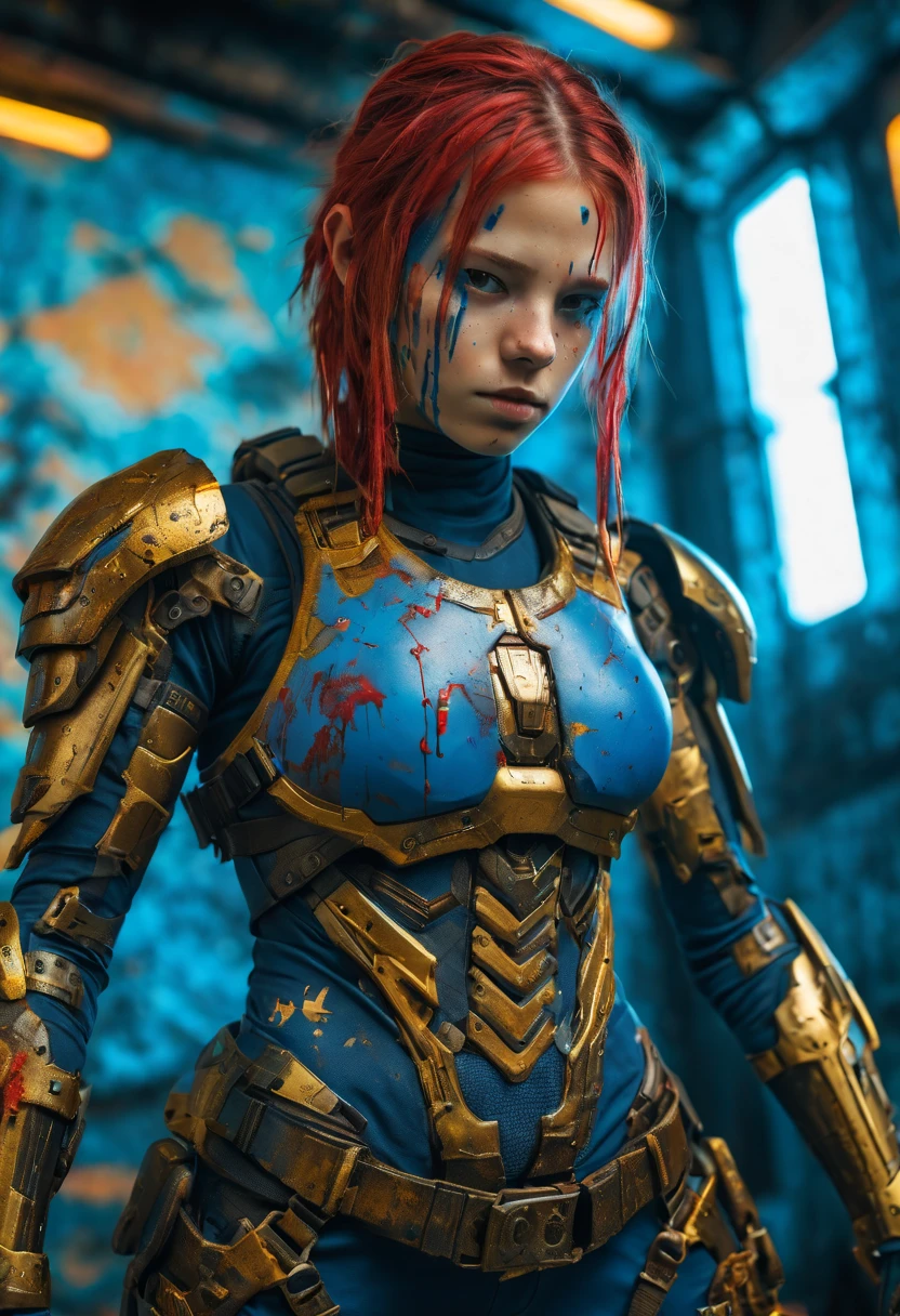 Beautiful hyperrealistic photograph of a perfect likeness of SandraOv4 with Runic tattoos, 13 years old, ((dirty face Blood splattered)), (((wearing full heavy mecha Vaultgirl vaultsuit blue and gold armor, combat harness, Neon highlights))) Short Red Dreadlocks, closeup of head and shoulders with dirty dark-dirty-red-blood covered face and dirty hi tech armor, interior of Military Facility background, Camo netting, Ammo Boxes abstract beauty, near perfection, pure form, Golden Ratio, concept art, By Brian Froud and Carne Griffiths and Wadim Kashin, intricate detail, 8k post-production, High resolution, super Detail, trending on ArtStation, sharp focus, studio photos, intricate detail, Very detailed, By Greg Rutkowski