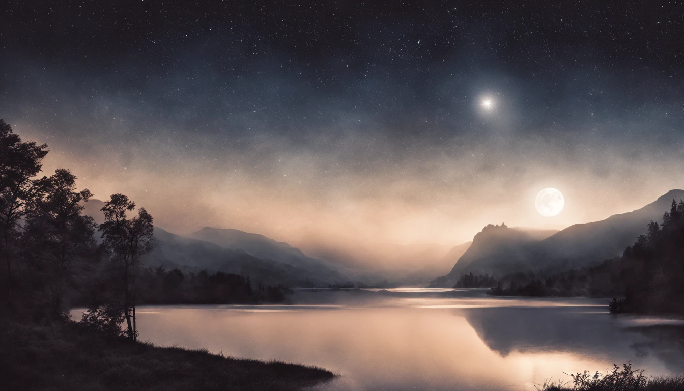 "(melhor qualidade, alta resolução), paisagem noturna, céu iluminado pela lua, Estrelas cintilantes, atmosfera serena, paisagem pacífica, silhuetas escuras, Brisa suave, montanhas distantes, lago calmo, reflexo da lua, sombras suaves, ambiente místico, vista encantadora, cores sonhadoras, cenário surreal, Névoa nebulosa, luar prateado"