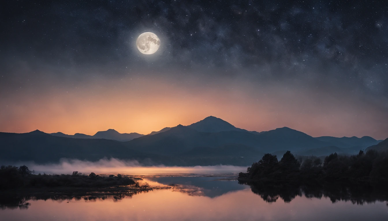 "(mejor calidad, alta resolución), paisaje nocturno, cielo iluminado por la luna, estrellas titilantes, atmósfera serena, paisaje pacífico, Siluetas oscuras, suave brisa, montañas distantes, lago tranquilo, reflejo de la luna, sombras suaves, ambiente místico, Vista encantadora, Colores de ensueño, paisaje surrealista, niebla brumosa, luz de luna plateada"