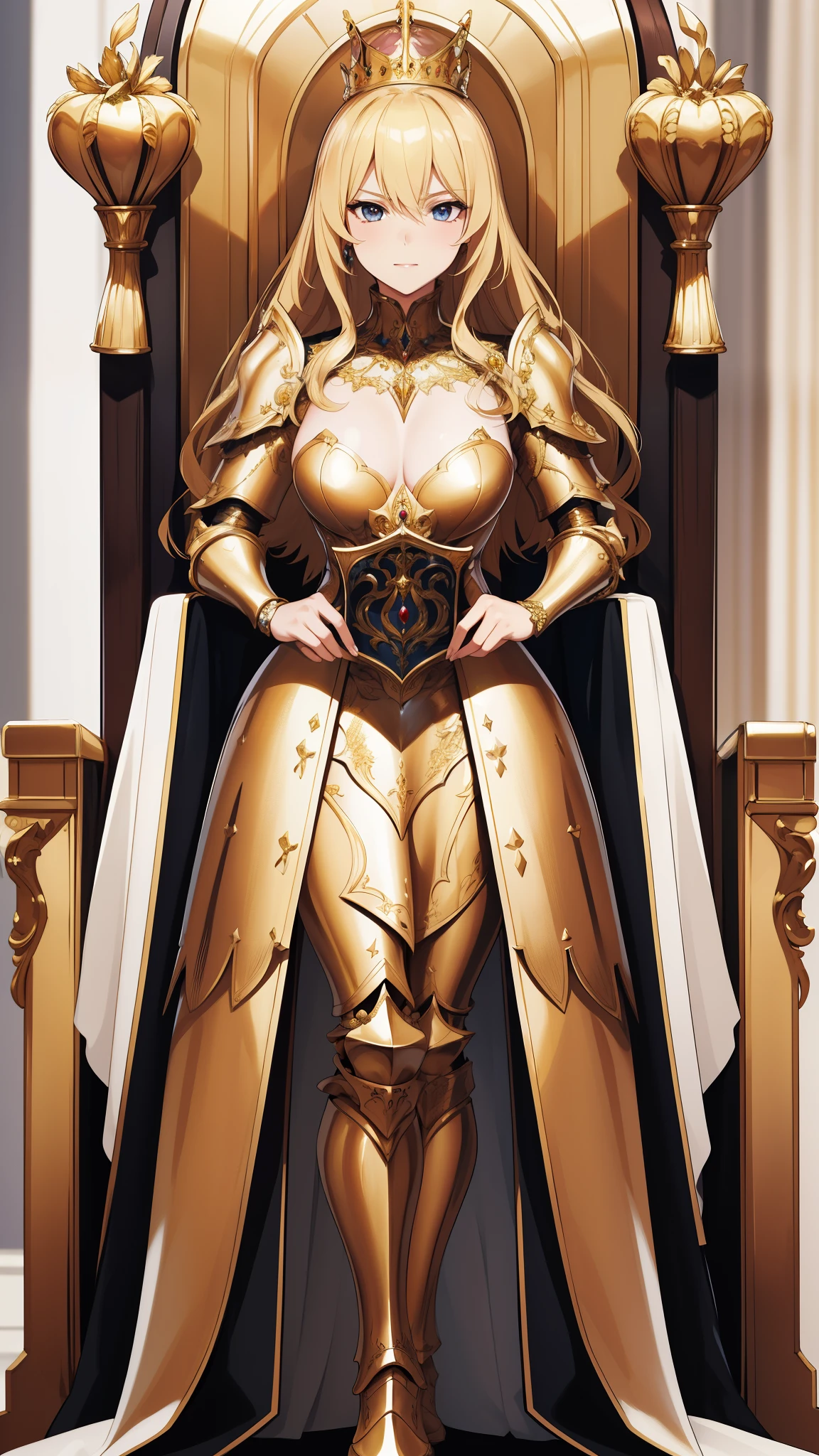 masterpiece, Best quality, ultra detailed, full length, 1 arrogant woman, queen, blonde hair, in royal women&#39;s steel plate armor with a pronounced chest and decorated with gold, standing in the throne room, fantasy world