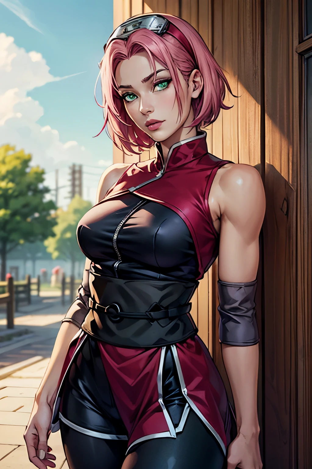 ((ultra quality)), ((masterpiece)), Haruno Sakura, Naruto Shippuden, ((pink short hair)), (beautiful cute face), (beautiful female lips), Charming, ((sexy facial expression)), looks at the camera, eyes slightly open, (skin color white), (blue skin), glare on the body, ((detailed beautiful female eyes)), ((green eyes)), (juicy women&#39;s lip liner), (beautiful female hands), ((ideal female figure)), ideal female body, beautiful waist, gorgeous thighs, beautiful small breasts, ((thin and beautiful)), stands temptingly (face close up), (Sakura Haruno&#39;s clothes, black skinny shorts, leggings, Hidden Leaf Village Shinobi Clothes) background: hidden leaf village, Naruto shippuden, ((depth of field)), ((clear high quality image)), (Clear details), ((high detail)), really, professional photo shoot, ((Clear Focus)), anime