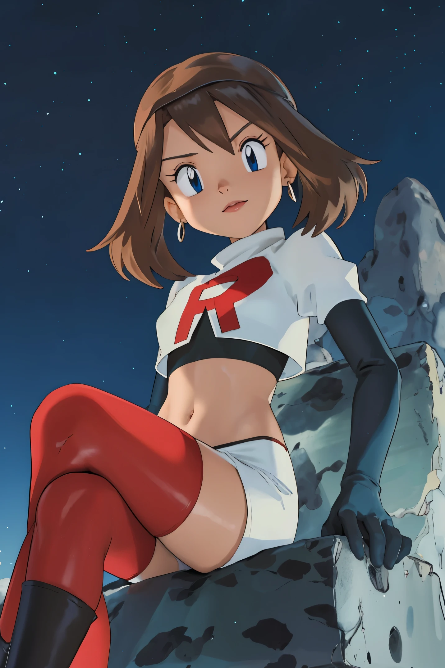 masutepiece, Best Quality, hight resolution, Outdoors, 1girl in, Solo, May (A pokémon), (((Brown hair))), ,earrings ,lipstick, eye shadow ,team rocket uniform, red letter R, white skirt,white crop top,black thigh-high boots, black elbow gloves, evil villianess look, looking down on viewer, sitting ,crossed legged, night sky background