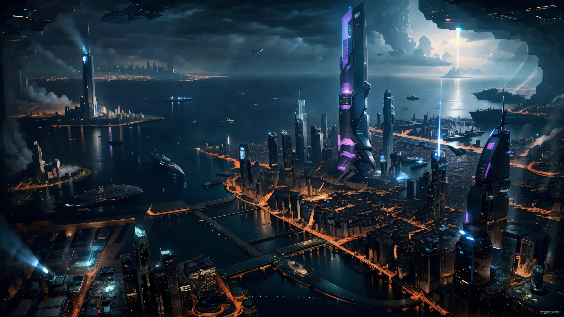 Night view seen from an airplane,future city:1.3,port,flying spaceship,skyscraper,master piece,highest quality,ultra high resolution,Super detailed,8K,photorealistic,best aesthetic,beautiful
