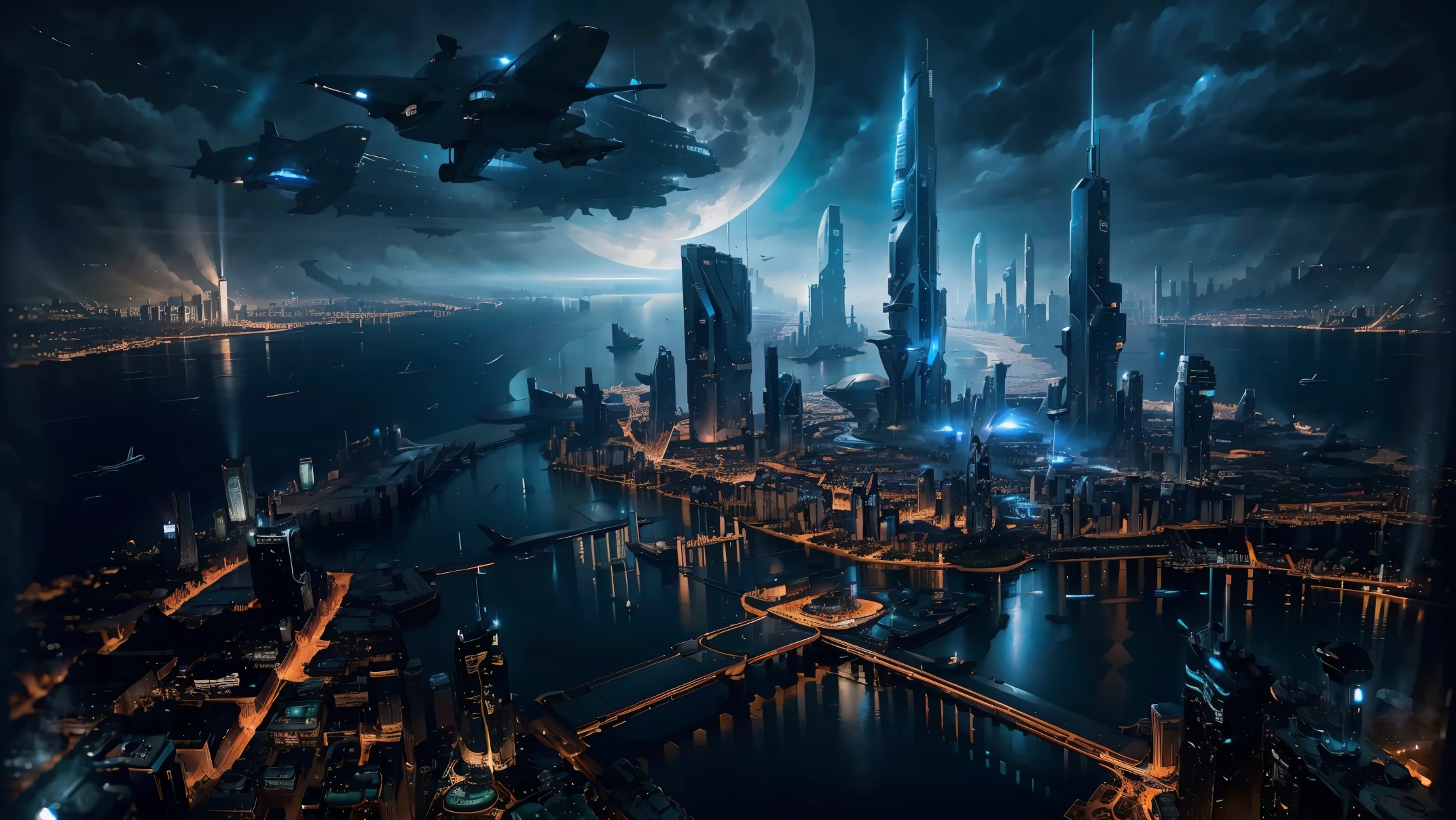 Night view seen from an airplane,future city:1.3,port,flying spaceship,skyscraper,master piece,highest quality,ultra high resolution,Super detailed,8K,photorealistic,best aesthetic,beautiful