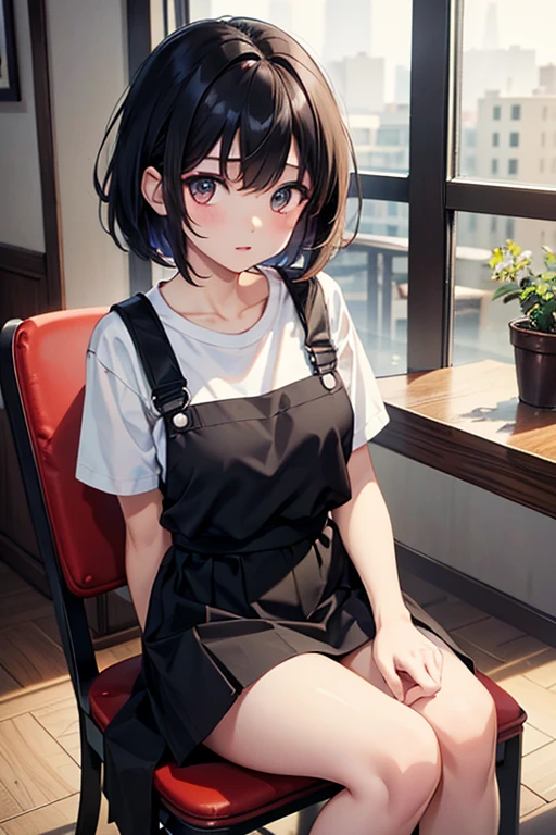 black hair,reddish eyes、very detailed、masterpiece、highest quality、Ultra high decomposition energy A、8K high resolution、Clear like a photo、ultra high resolution、Gradation depiction、photorealistic、chain restaurant、Colorful interior、 crowd、based on anthropology、girl、detailed eyes、short hair、,、(white Tshirt)、 (black overall skirt), , ,active angle,, ,、indoor, sitting in a chair、table with food,