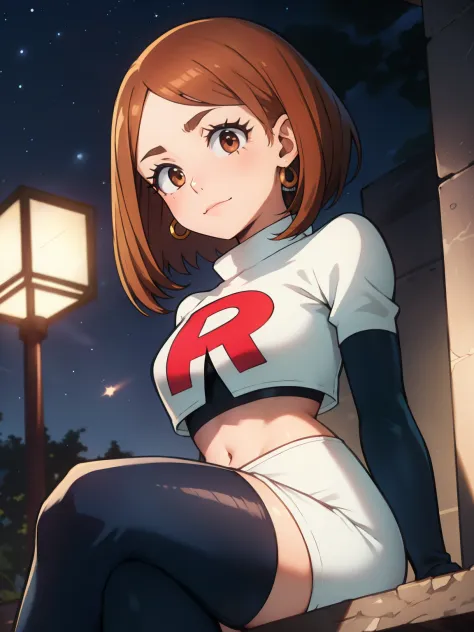 ochaco_uraraka, brown eyes ,earrings ,lipstick, eye shadow, makeup ,team rocket uniform, red letter r, white skirt,white crop to...