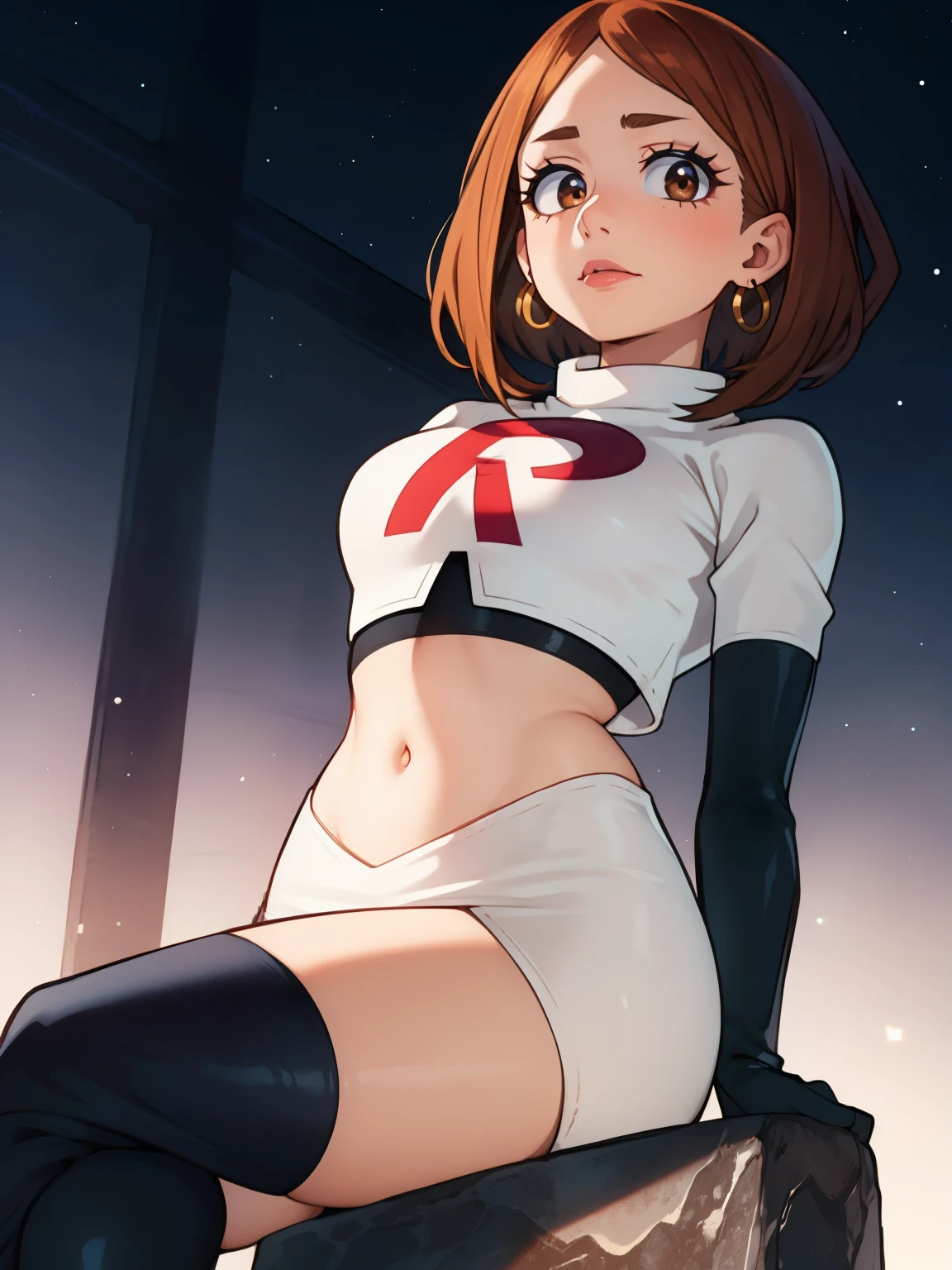 ochaco_uraraka, brown eyes ,earrings ,lipstick, eye shadow, makeup ,team rocket uniform, red letter R, white skirt,white crop top,black thigh-high boots, black elbow gloves, evil villianess look, looking down on viewer, sitting ,crossed legged, night sky background