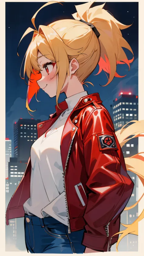 1girll、solo、colorful、upper body bromide、blonde ponytail、Ahoge、big round red eyes、profile、small breasts、red leather rider jacket、...