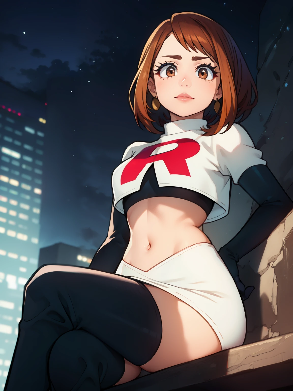 ochaco_uraraka, brown eyes ,earrings ,lipstick, eye shadow, makeup ,team rocket uniform, red letter R, white skirt,white crop top,black thigh-high boots, black elbow gloves, evil villianess look, looking down on viewer, sitting ,crossed legged, night sky background