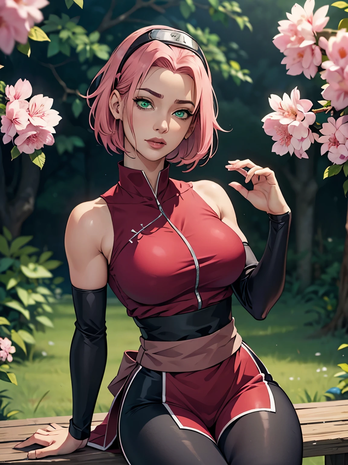 ((ultra calidad)), ((Obra maestra)), sakura haruno, Naruto Shippuden, ((pelo corto rosa)), (Hermosa cara linda), (hermosos labios femeninos), encantador, ((expresión facial sexy)), mira a la cámara, ojos ligeramente abiertos, (color de piel blanco), (piel azul), resplandor en el cuerpo, ((hermosos ojos femeninos detallados)), ((ojos verdes)), (mujeres jugosas&#39;delineador de labios), (hermosas manos femeninas), ((Figura femenina ideal)), Cuerpo femenino ideal, Hermosa cintura, muslos preciosos, Hermosos pechos pequeños, ((delgada y hermosa)), se sienta seductoramente (cara de cerca), (sakura haruno&#39;ropa, pantalones cortos negros ajustados, polainas, Ropa de Shinobi de Hidden Leaf Village) fondo: Pueblo Oculto de la Hoja, Naruto shippuden, ((profundidad de campo)), ((imagen clara de alta calidad)), (detalles claros), ((alto detalle)), en realidad, Sesión de fotos profesional, ((enfoque claro)), animado