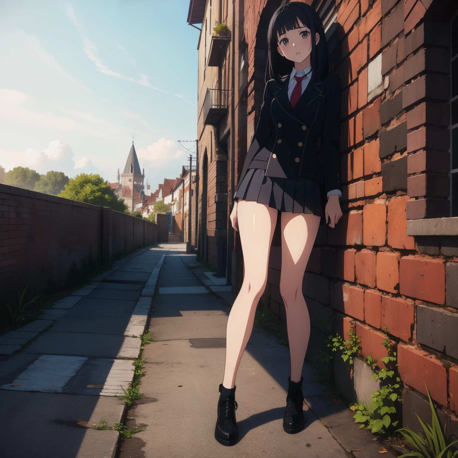 (Beautiful posture), 1Girl,slim, thin, ((black short skirt with pleats)),(((short double-breasted jacket))), (black very short jacket),(fitted clothing) ,a white blouse, (red tie short) , long bangs on face, straight black hair to waist, gray eyes with a hint of purple, knee-deep portrait, sad, It&#39;s a nasty day, stands in the castle