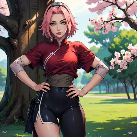 ((ultra quality)), ((masterpiece)), Haruno Sakura, Naruto Shippuden, ((pink short hair)), (beautiful cute face), (beautiful fema...