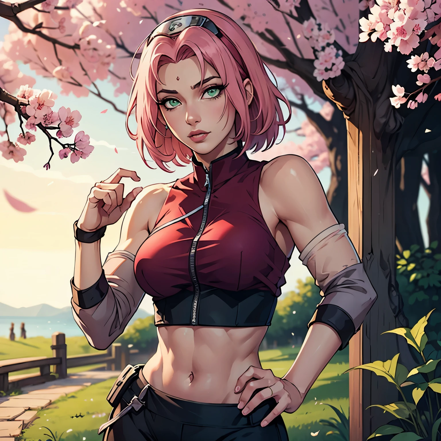 ((ultra quality)), ((masterpiece)), Haruno Sakura, Naruto Shippuden, ((pink short hair)), (beautiful cute face), (beautiful female lips), Charming, ((sexy facial expression)), looks at the camera, eyes slightly open, (skin color white), (blue skin), glare on the body, ((detailed beautiful female eyes)), ((green eyes)), (juicy women&#39;s lip liner), (beautiful female hands), ((ideal female figure)), ideal female body, beautiful waist, gorgeous thighs, beautiful small breasts, ((thin and beautiful)), stands temptingly (Rear view), (Sakura Haruno&#39;s clothes, black skinny shorts, leggings, Hidden Leaf Village Shinobi Clothes) background: hidden leaf village, Naruto shippuden, ((depth of field)), ((clear high quality image)), (Clear details), ((high detail)), really, professional photo shoot, ((Clear Focus)), anime