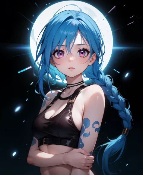 (full body, portrait), illustration of (jinxlol, 1girl), (shiny pink eyes, blue hair), medium breasts, arm tattoo, stomach tattoo, (blood on face:1.2), (best quality, high-quality, masterpiece:1.2, most detailed illustration, HD wallpaper, 4k full HD, very...