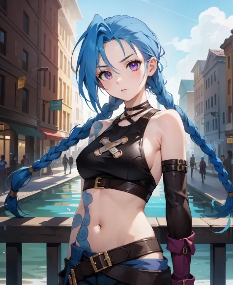 JinxLol,mature female,1girl, solo,looking at viewer, navel, gloves, fingerless gloves, character name, midriff, bare shoulders, looking at viewer, gun, crop top, belt,outdoors,