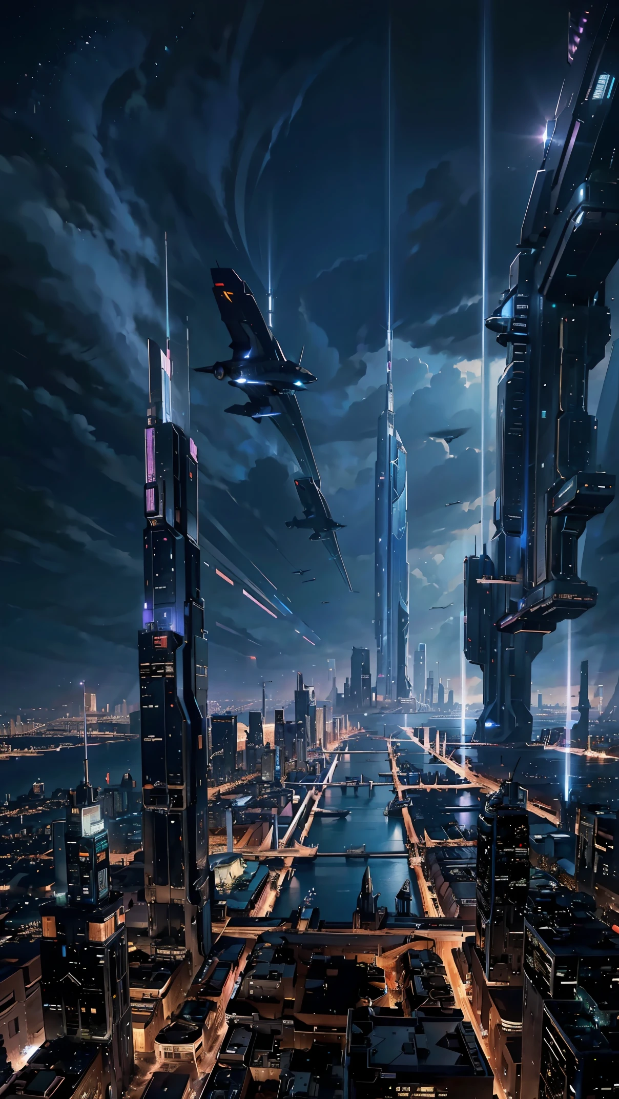 Night view seen from an airplane,future city:1.3,port,flying spaceship,skyscraper,master piece,highest quality,ultra high resolution,(Super detailed:1.2),8K,photorealistic,best aesthetic,beautiful