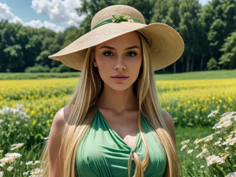 (wide angle, best quality, highres, ultra-detailed), a beautiful blonde woman in a green dress and hat in a flowery field, beaut...