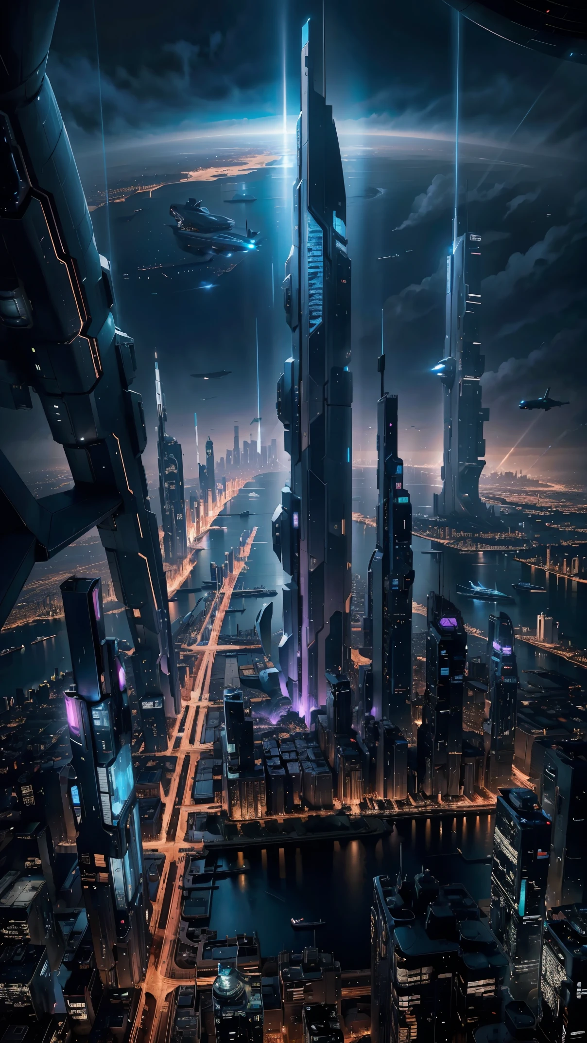 Night view seen from an airplane,future city:1.3,port,flying spaceship,skyscraper,master piece,highest quality,ultra high resolution,(Super detailed:1.2),8K,photorealistic,best aesthetic,beautiful,Crisp