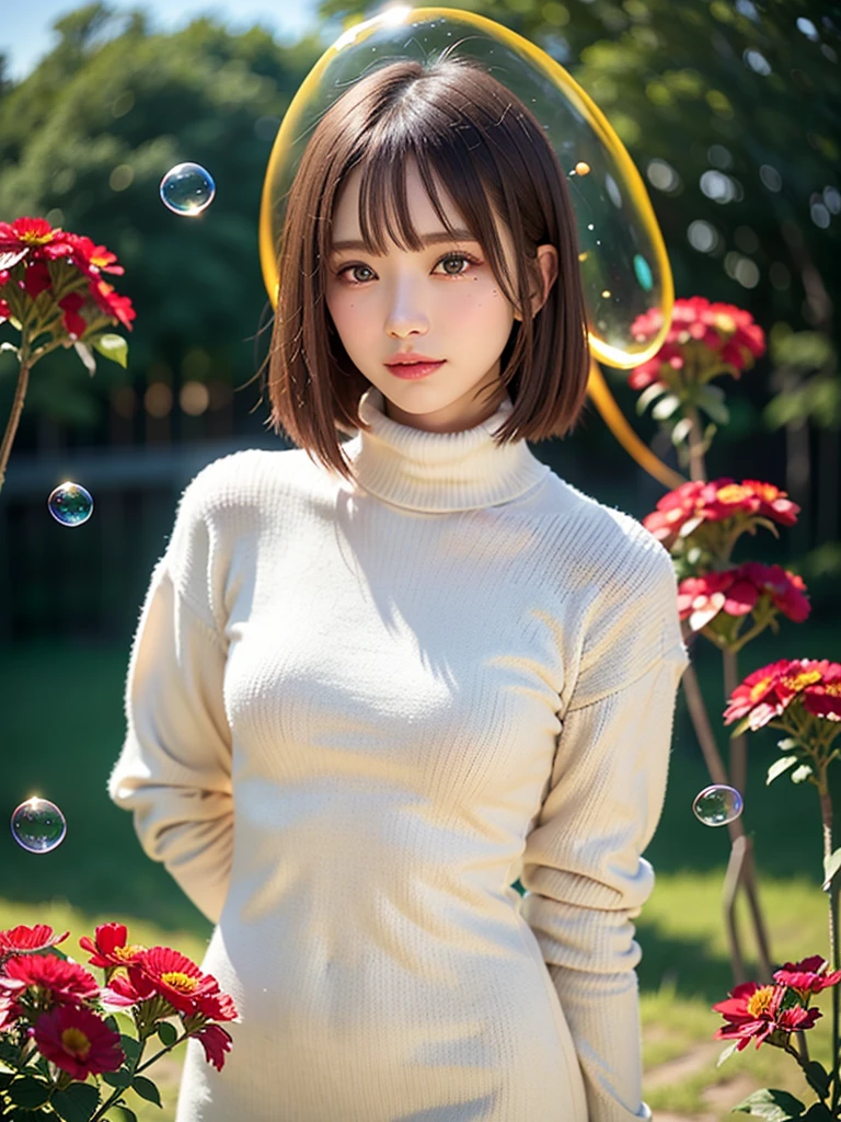 floating, (high color saturation), (background, (Colorful splash:1.3), (colorful bubbles:1.3), (shining:1.3), (colorful flowers:1.3), (colorful neon:1.3)), BREAK, (1 girl), (18-year-old), Very beautiful detailed face, smile shyly, Symmetrical black eyes, small breasts REAK, (Red Hounstooth Court:1.4), (Off-White Turtleneck Sweater Dress:1.3), dark brown hair, princess cut hair, (detailed face:1.2), BREAK, high quality, realistic, Very detailed CG synthesis 8k wallpaper, very detailed, High resolution RAW color photos, professional photography, realistic portrait, cinematic light, beautiful, Super detailed, high detail orchestra))), Depth of bounds written, illumination, Super stylish lighting