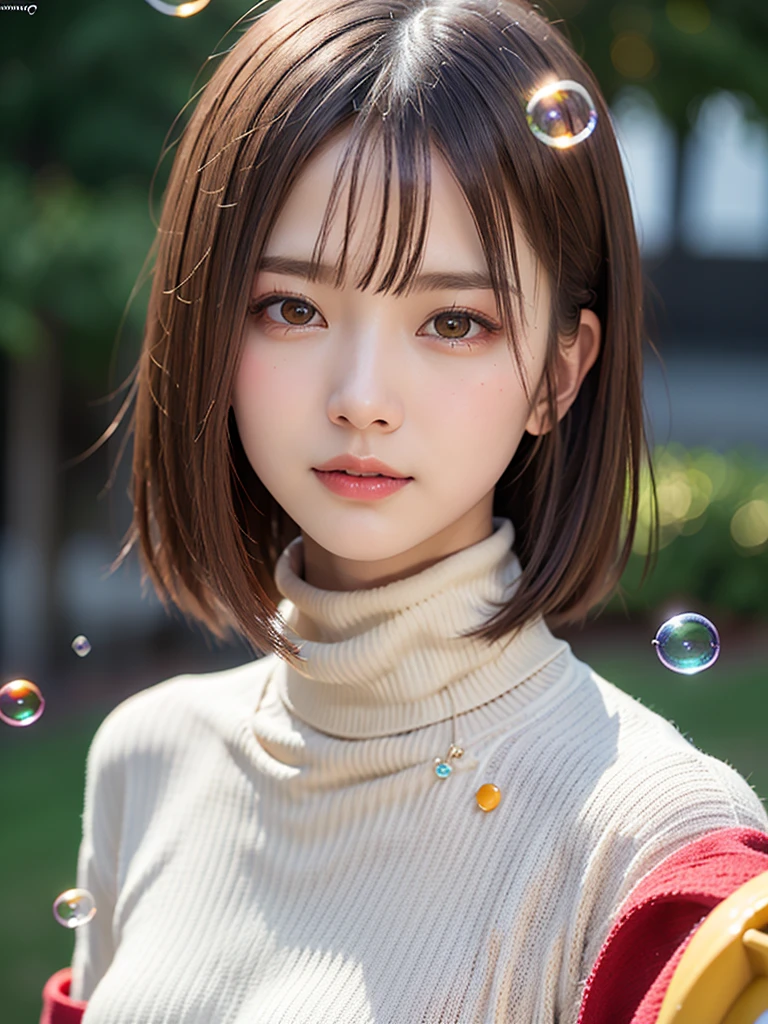 floating, (high color saturation), (background, (Colorful splash:1.3), (colorful bubbles:1.3), (shining:1.3), (colorful flowers:1.3), (colorful neon:1.3)), BREAK, (1 girl), (18-year-old), Very beautiful detailed face, smile shyly, Symmetrical black eyes, small breasts REAK, (Red Hounstooth Court:1.4), (Off-White Turtleneck Sweater Dress:1.3), dark brown hair, princess cut hair, (detailed face:1.2), BREAK, high quality, realistic, Very detailed CG synthesis 8k wallpaper, very detailed, High resolution RAW color photos, professional photography, realistic portrait, cinematic light, beautiful, Super detailed, high detail orchestra))), Depth of bounds written, illumination, Super stylish lighting