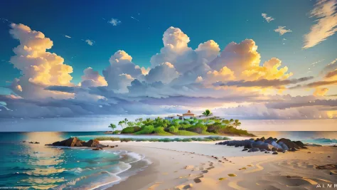 prompt: very detailed landscape picture of a beautiful beach, islands in the distance, few clouds, and palmtrees,
(((Hi res, HDR...