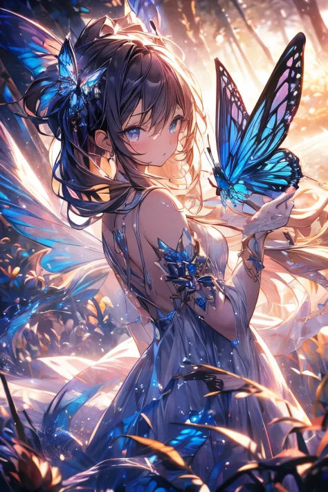 masterpiece, concept art, (highly detailed), medium shot, fairy butterfly 1girl, butterfly wings, cute, elegant, violet flowing ...