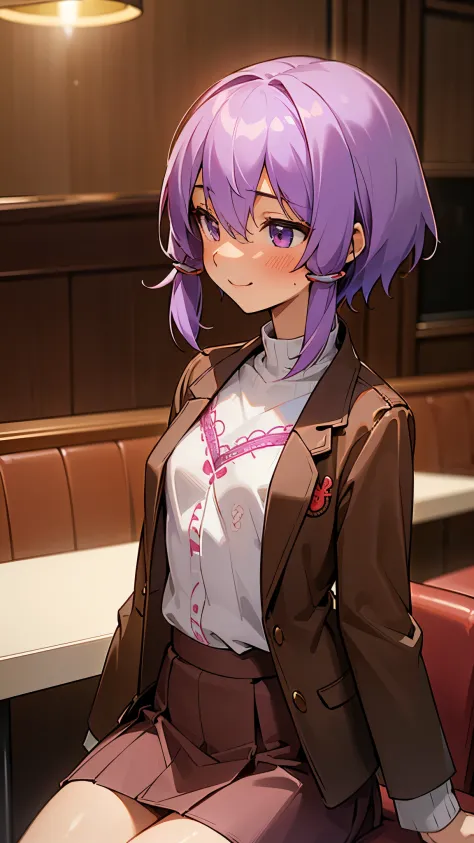 (highest quality、Super fine、real)、Energetic girl、solo、Yuitsuki Yukari、18-year-old、small breasts、slender body shape、profile、smile、blush、light purple hair、short hair、(hair between eyes) )、(white sweater with embroidery、brown leather blazer、red skirt)、Sit acr...
