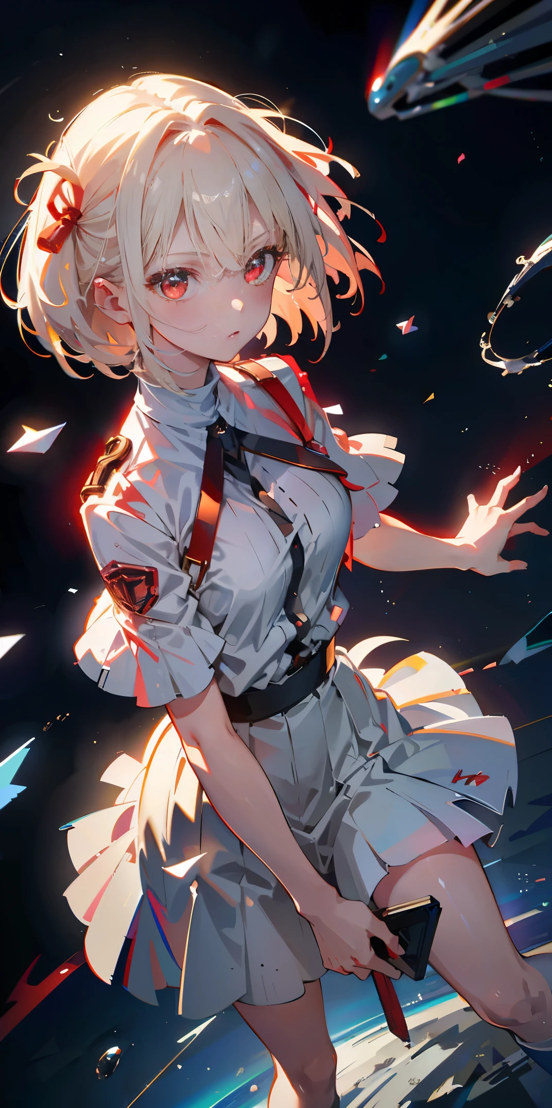 Absurd resolution, high resolution, (masterpiece: 1.4), super detailed, girl alone, from above, space, floating, platinum blonde, medium hair, red eyes