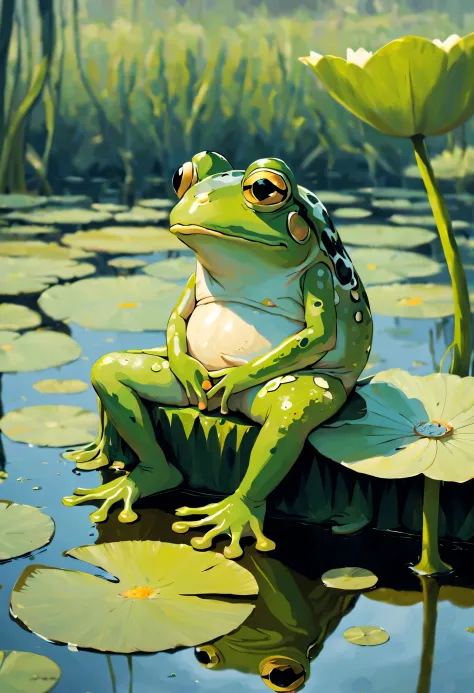 A frogs sitting on a water lily，（sad pepe_frogs：1.2），unhappy，whole body，swamp，View from the side，
（oil painting on canvas：0.1）、m...