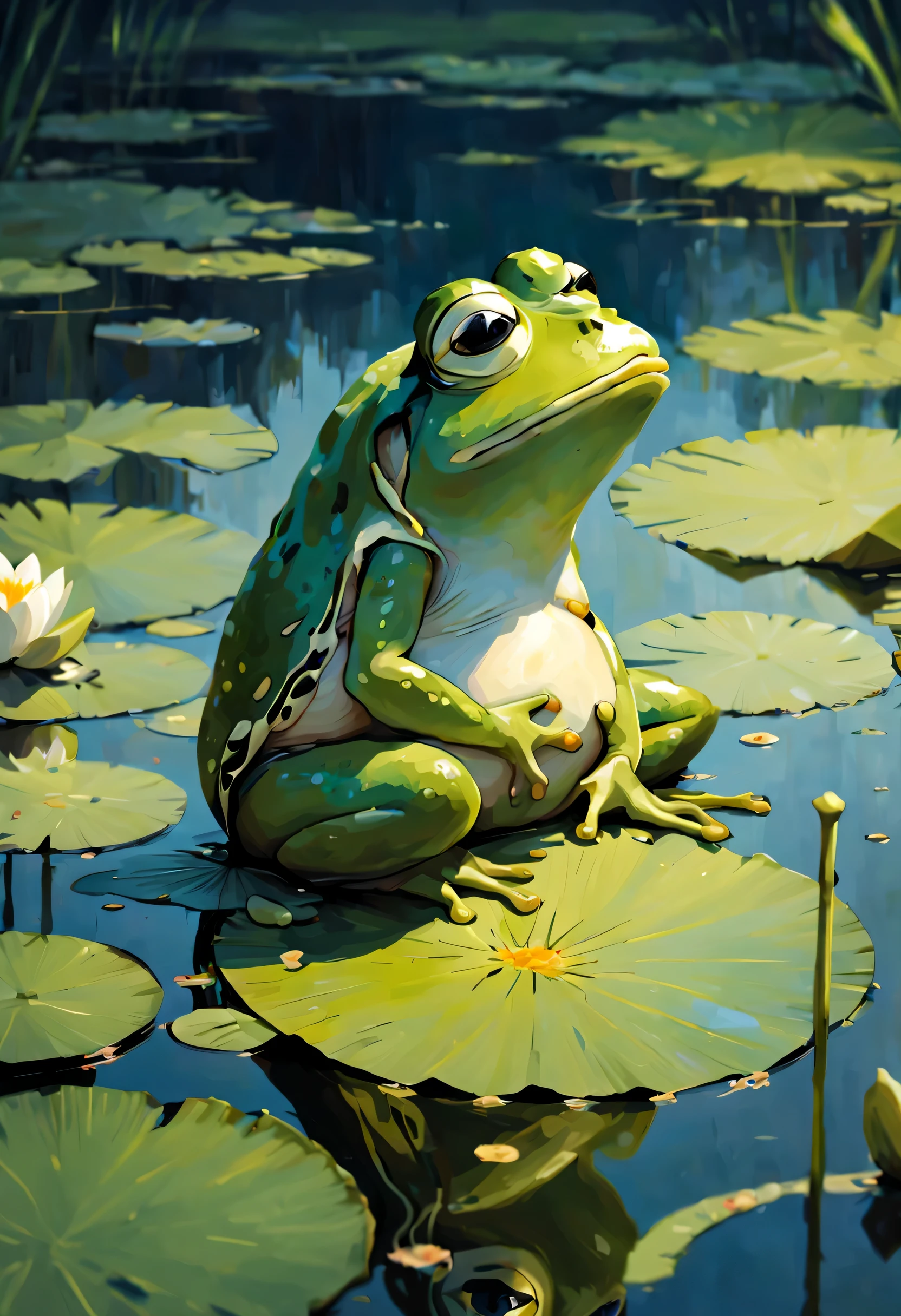 A 개구리 sitting on a water lily，（이제 페페_개구리：1.2），불행한，전신，늪，측면에서보기，
（캔버스에 유화：0.1）、영화 빛、제레미 만、어두운 렌즈、채소、밝은 점、
최고의 품질，높은 해상도，극도의 디테일，우수한 구성，걸작，