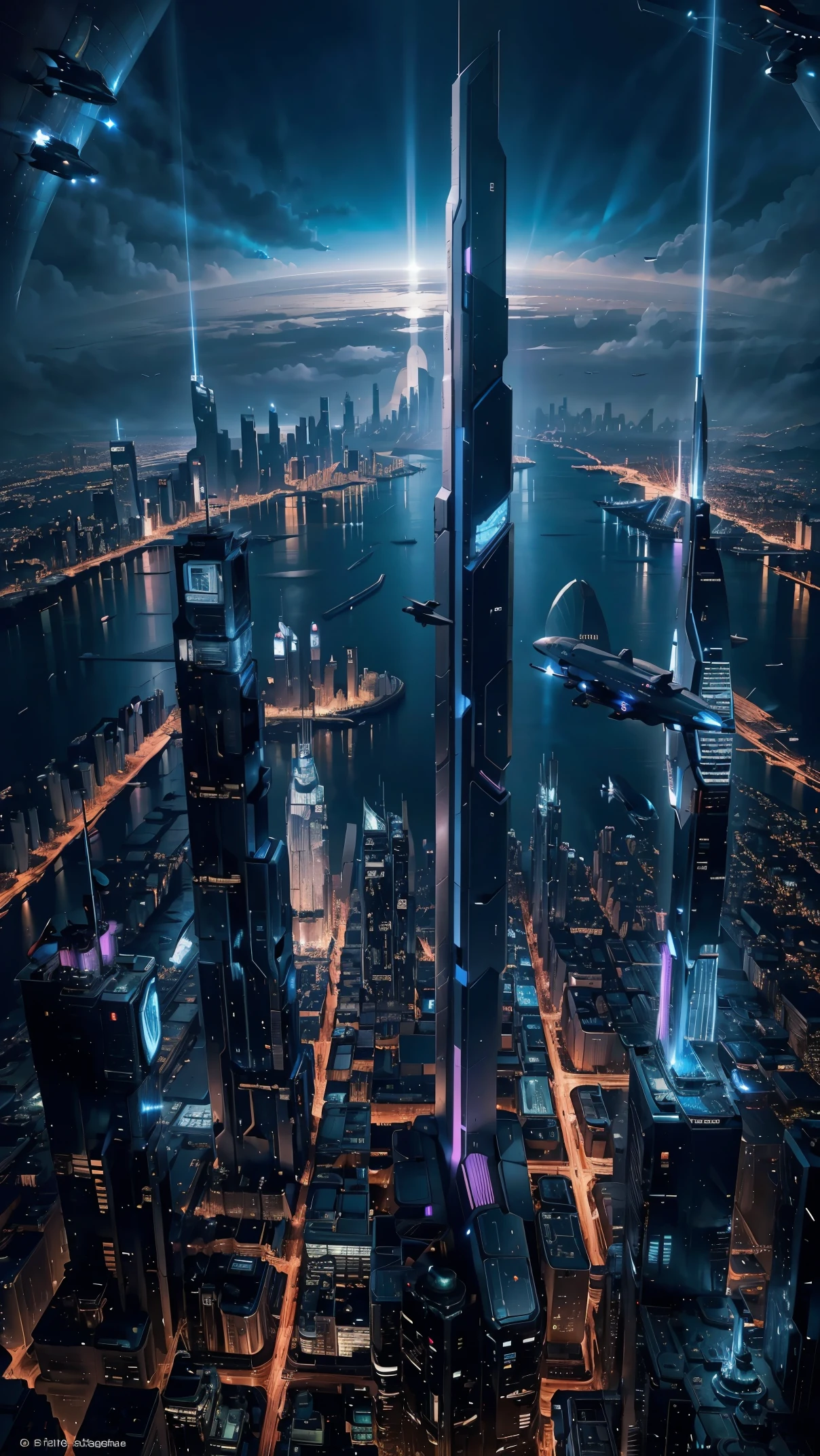 Night view seen from an airplane,future city:1.5,port,flying spaceship,skyscraper,master piece,highest quality,ultra high resolution,(Super detailed:1.2),8K,photorealistic,best aesthetic,beautiful