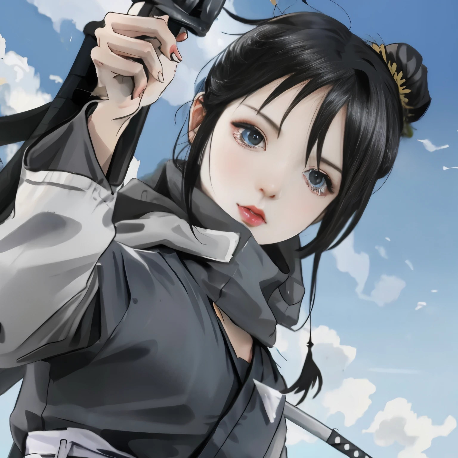 personagem de anime holding a sword in a cloudy sky, kirito, de naruto, katanas amarradas nas costas, Hinata Hyuuga, Okata Kazuto, KUNOICHI, as an personagem de anime, nezuko, nezuko-chan, Também, Mikasa Ackerman, personagem de anime, empunhando kunai, female personagem de anime, best personagem de anime design， Lan Fang，cabelo preto comprido，ALQUIMISTA DE AÇO，assassino feminino，Hanfu Negro，ninja feminino，Roupa preta，黑色长发assassino feminino，retentor feminino，黑发ninja feminino，cabelo preto comprido女生，Guerreira Feminina，mulher samurai，ninja feminino，garota linda，Meninas com cabelo em coque，Meninas com cabelo em coque，Meninas com cabelo em coque