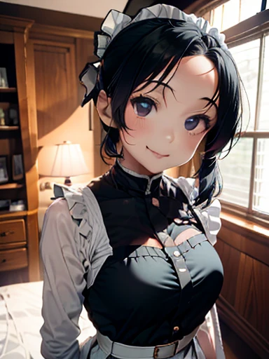 maid, 1girl, Slim Body, long hair, black hair, Twinkling Eyes, Thin Eyebrows, Full Mouth, Embroidered Clothing, soft light, snapshot, monochromatic, 16k, Lifelike, Smirking, Looking at the viewer, overhead shot, masterpiece, best quality, extremely detailed, ultra high res,8k,