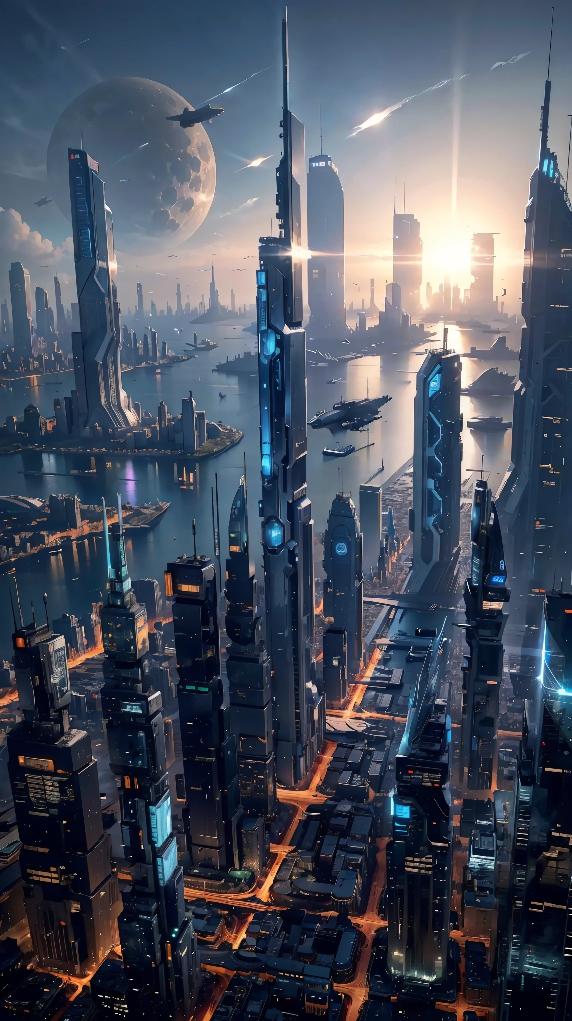 Future city seen from an airplane:1.5,night,sunny,port,flying spaceship,skyscraper,master piece,highest quality,ultra high resolution,(Super detailed:1.2),8K,photorealistic,best aesthetic,beautiful